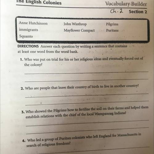 The English Colonies

Vocabulary Builder
Ch.2 Section 2
Anne Hutchinson
John Winthrop
Mayflower Co