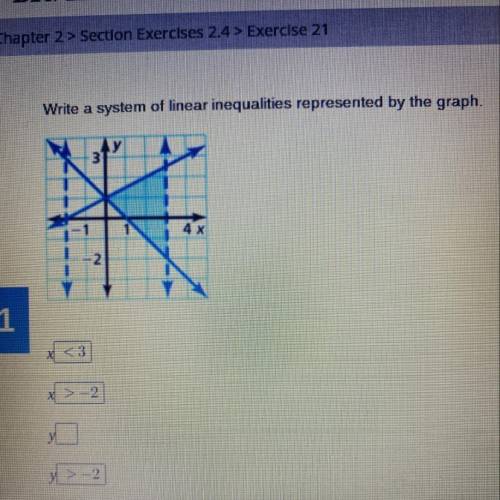 Write a system of linear inequalities represented by the grapH
, i need help pls