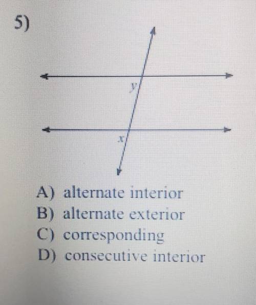 A) alternate interior B) alternate exterior C) corresponding D) consecutive interior