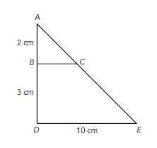 Given triangle A B C tilde triangle A D E with A B equals 2 centimeters, B D equals 3 centimeters,