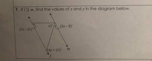 I will give the BRAINIEST

Please explain in detail 
If l || m, find the values of x and y in the