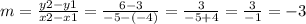 m = \frac{y2 - y1}{x2 - x1} = \frac{6 - 3}{- 5 - (-4)} = \frac{3}{ - 5 + 4} = \frac{3}{-1} = -3