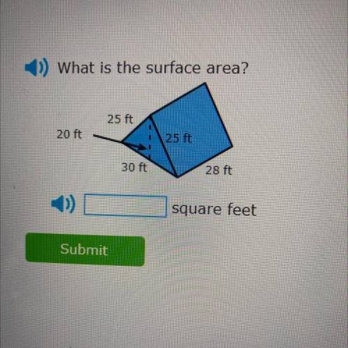 What is the surface area?

25 ft
20 ft
25 ft
30 ft
28 ft
))
square feet
Submit