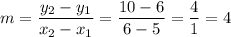m = \dfrac{y_2-y_1}{x_2-x_1} = \dfrac{10-6}{6-5} = \dfrac{4}{1} = 4