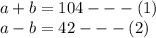 a+b=104 --- (1)\\a-b=42  ---(2)\\
