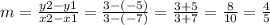 m = \frac{y2 - y1}{x2 - x1} = \frac{3 - (-5)}{3 - (-7)} = \frac{3 + 5}{3 + 7} = \frac{8}{10} = \frac{4}{5}