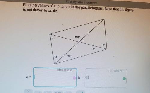 Find the values of a, b, and c in the parallelogram. Note that the figure is not drawn to scale.