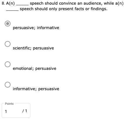 A(n) _____ speech should convince an audience, while a(n) _____ speech should only present facts or