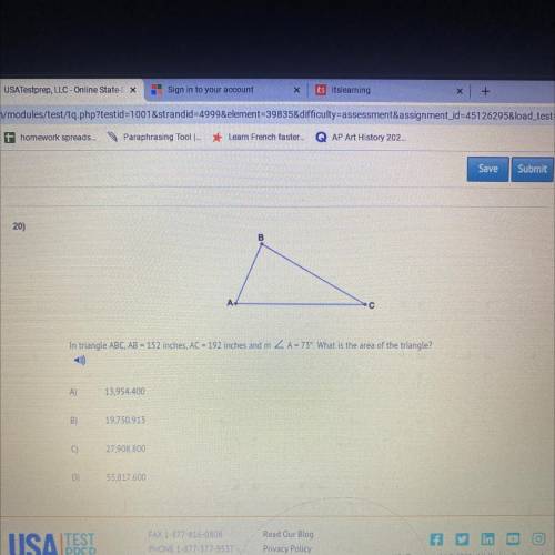 In triangle ABC, AB=152￼ inches, AC=192 inches and m angle A= 73°. What is the area of the triangle