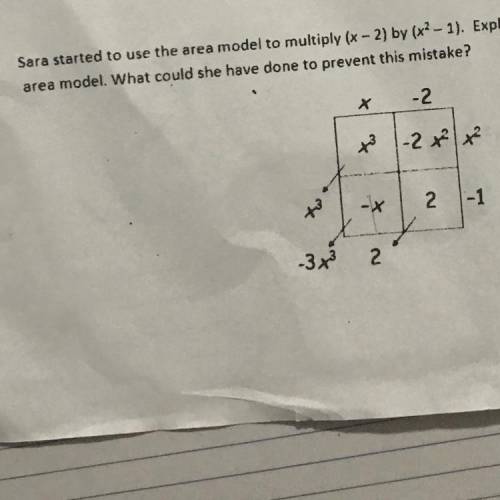 Sara started to use the area model to multiply (x - 2) by (x2 - 1). Explain where Sara went wrong i