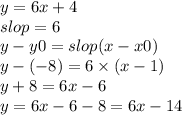 y = 6x + 4 \\ slop = 6 \\ y - y0 = slop(x - x0) \\ y - ( - 8) = 6 \times (x - 1) \\ y + 8 = 6x - 6 \\ y = 6x - 6 - 8 = 6x - 14