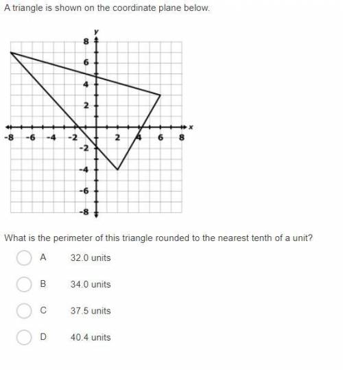 A triangle is shown on the coordinate plane below.

What is the perimeter of this triangle rounded