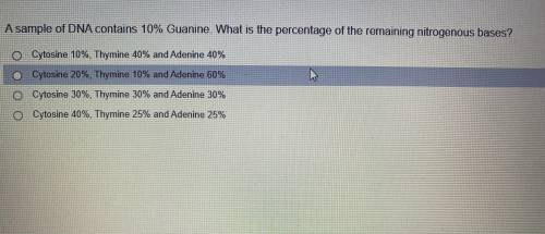A sample of DNA contains 10% Guanine. What is the percentage of the remaining nitrogenous bases?