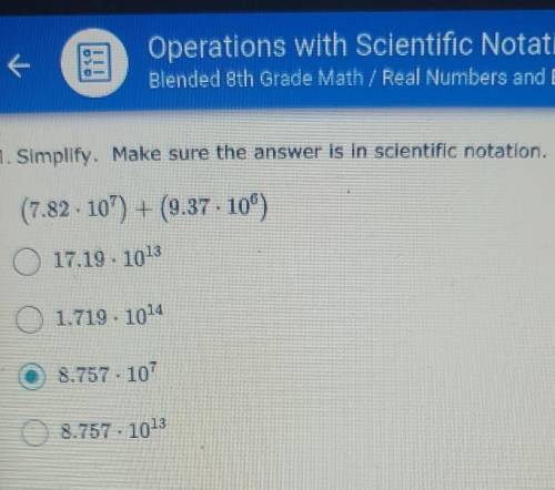 PLEASE HELP

1. Simplify. Make sure the answer is in scientific notation. (7.82 - 10^7) + (9.37. 1