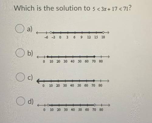 Which is the solution to 5 <3x + 17 <71?