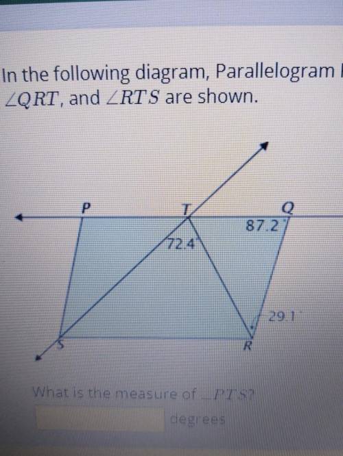 In the following diagram, Parallelogram PQRS contains Triangle STR. Line ST and Line TR intersect a