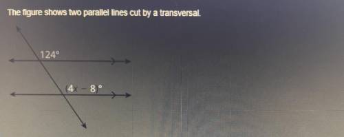 The figure shows two parallel lines cut by a transversal.

What is the value of x? 
x =