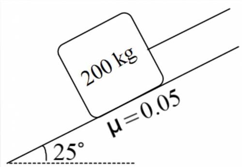 A 200 kg object is pulled up a rough incline plane as shown in the picture above. The object accele