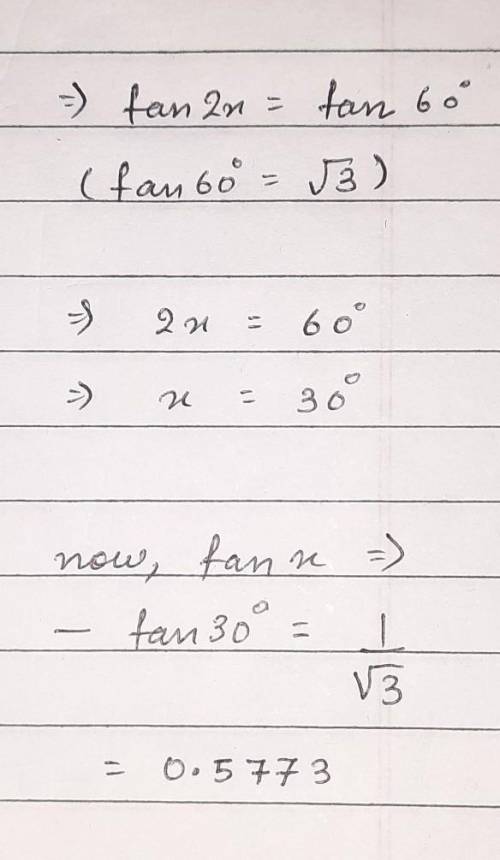 Given that sin 2x = cos(2x - 30). Find the value of tan x.