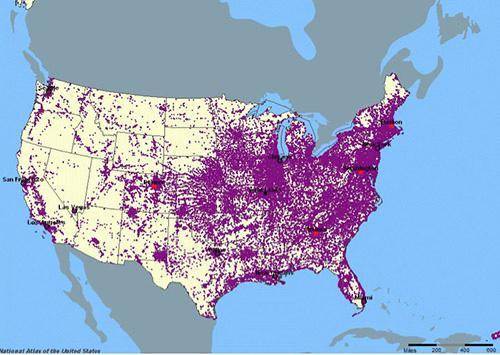 Map shows a concentration, in purple dots, of air release, or emissions, sites across the United St