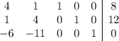 \begin{array}{ccccc|c}4&1&1&0&0&8\\1&4&0&1&0&12\\-6&-11&0&0&1&0\end{array}