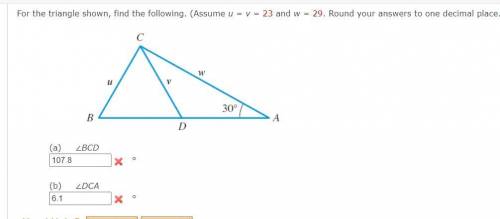 Find the reference number foFor the triangle shown, find the following. (Assume u = v = 23 and w =