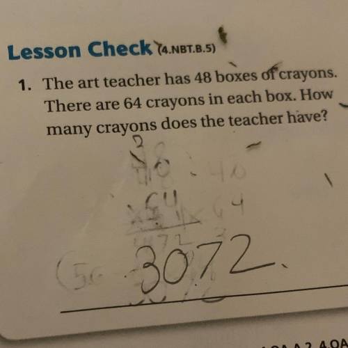 The art teacher has 48 boxes of crayons.

There are 64 crayons in each box. How
many crayons does