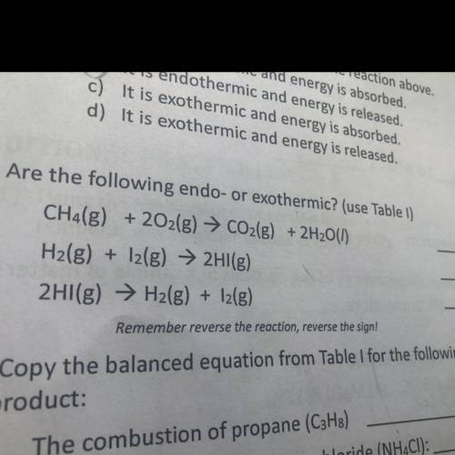 Are the following endo- or exothermic? (use Table 1)

CH4(8) +202(g) → CO2(g) + 2H200)
H2(g) + 12(
