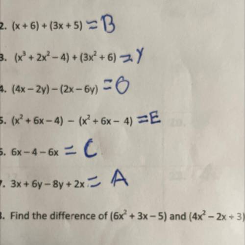 8. Find the difference of (6x + 3x - 5) and (4x² – 2x + 3.)

Please give me the steps I need them