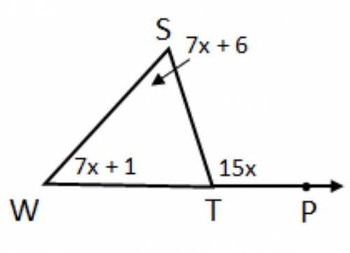Use the exterior angle theorem to find the value of x in the triangle below.