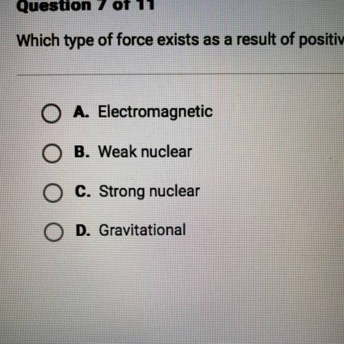Which type of force exists as a result of positive and negative charges?

A. Electromagnetic 
B. W