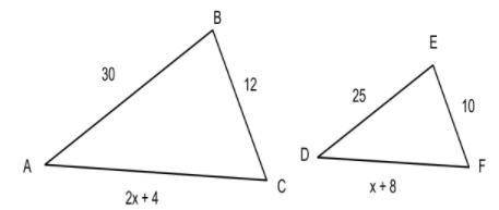 PLEASE HELP
What is the value of x if △ABC ~△DEF
A-2.3
B-6/5
C-7
D-5/6