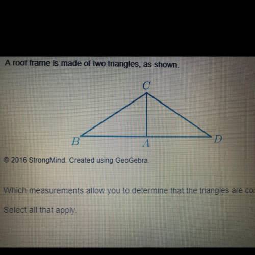 Which measurements allow you to determine that the triangles are congruent?

Select all that apply
