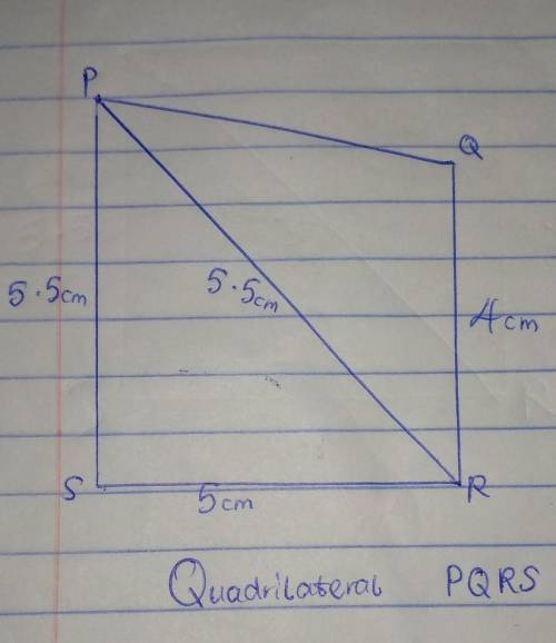 construct a quadriteral PQRS, given that QR=4.5cm PS=5.5cm,RScm5cm and diagonalPR=5.5cmand diagonal