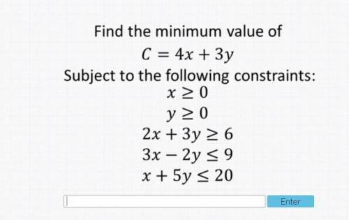 Find the minimum value of
C = 4x + 3y
Subject to the following constraints: