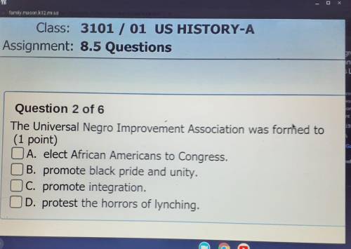 Question 2 of 6 The Universal Negro Improvement Association was formed to

A. elect African Americ