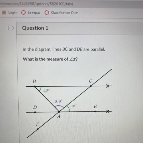 In the diagram, lines BC and DE are parallel.
What is the measure of Zx?