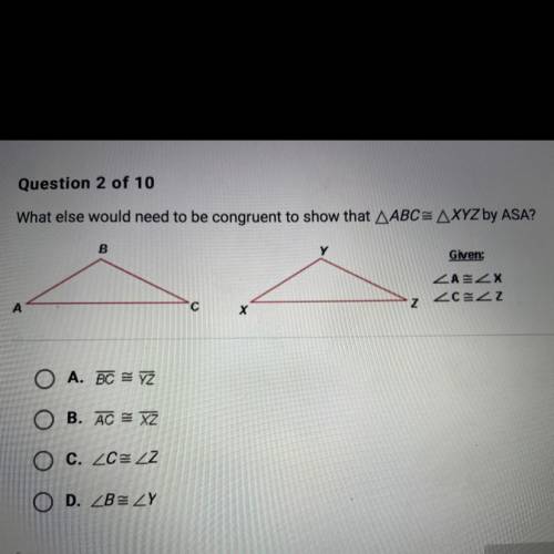 What else would need to be congruent to show that triangle ABC is congruent to triangle XYZ by ASA