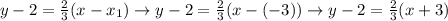 y-2 = \frac{2}{3} (x-x_1)\rightarrow y-2 = \frac{2}{3} (x-(-3))\rightarrow y-2=\frac{2}{3} (x+3)