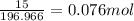 \frac{15}{196.966} =0.076 mol