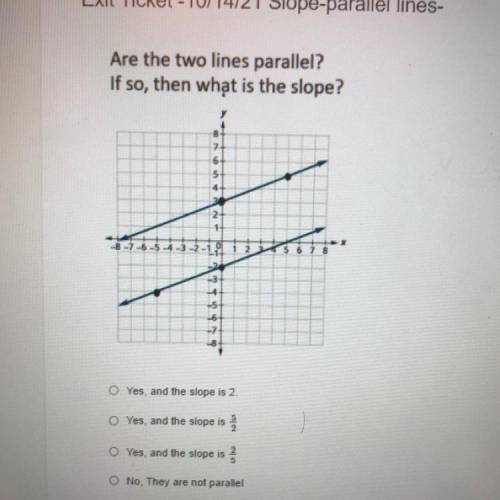 Are the two lines parallel?

If so, then what is the slope?
Yes, and the slope is 2.
Yes, and the