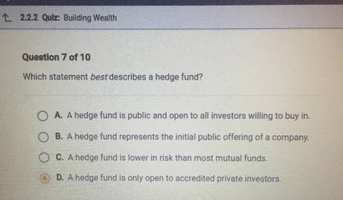 Which statement best describes a hedge fund?

A. A hedge fund is lower in risk than most mutual fun