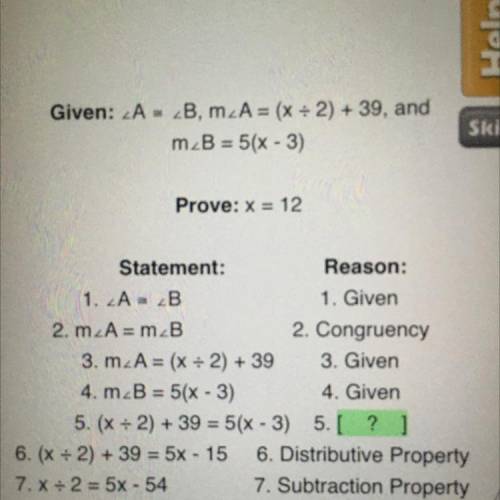 Select the reason that best supports statement 5 in the given proof.

A.Substitution 
B. Multiplic