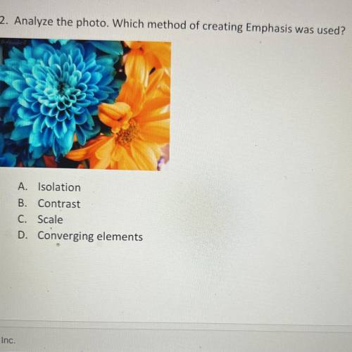 2. Analyze the photo. Which method of creating Emphasis was used?

A. Isolation
B. Contrast
C. Sca