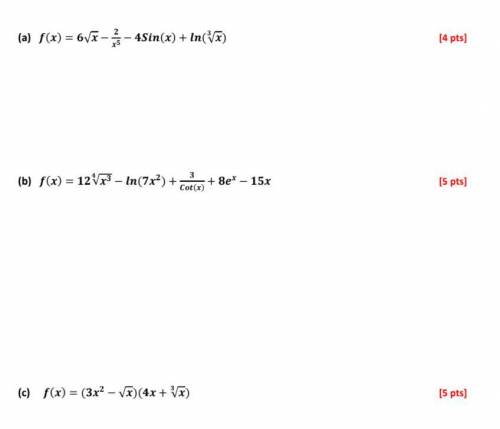 Find the derivative, f(x) of all of the following function