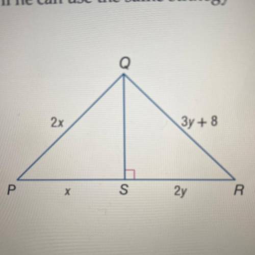 Find x and y if PQS is congruent to RQS