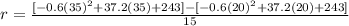 r=\frac{[-0.6(35)^2 + 37.2(35) + 243]-[-0.6(20)^2 + 37.2(20) + 243]}{15}