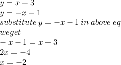 y = x + 3 \\ y =  - x - 1 \\ substitute \: y =  - x - 1 \: in \: above \: eq \\ weget \\  - x - 1 =  x + 3 \\ 2x =  - 4\\ x =  - 2 \\  \\