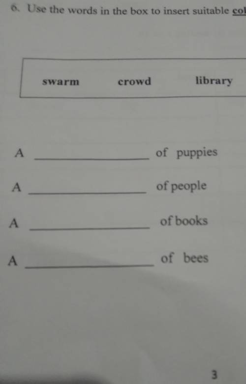 *grammar * Use the words in the box to insert suitable [collective nouns]

(swarm crowd library li