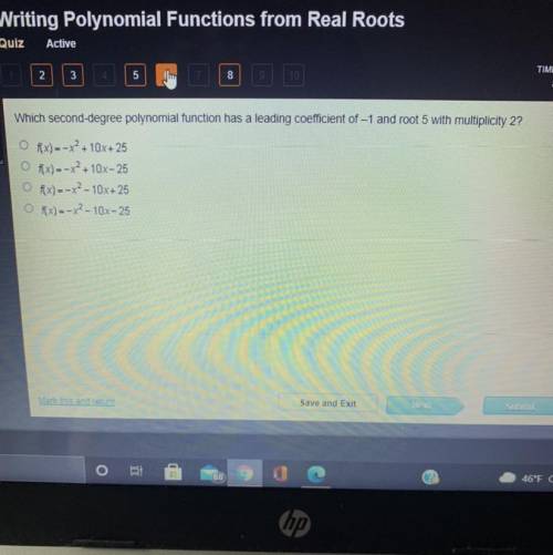 Which second-degree polynomial function has a leading coefficient of -1 and root 5 with multiplicit